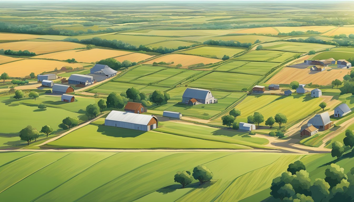 A sprawling landscape of farmland in Carson County, Texas, with fields of crops and grazing livestock, surrounded by fences and farm buildings