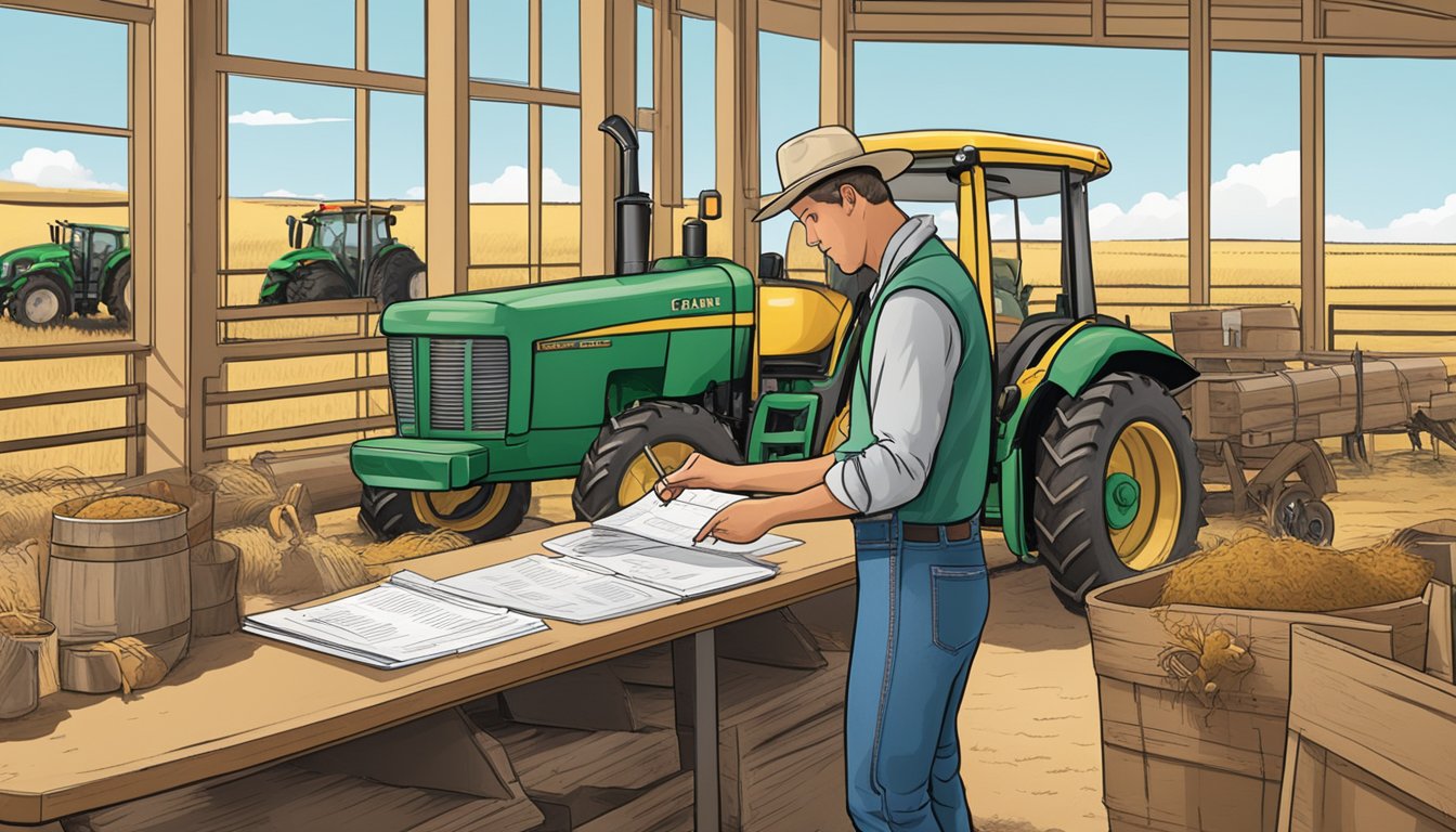 A farmer filling out paperwork at a desk, surrounded by agricultural equipment and livestock in Carson County, Texas