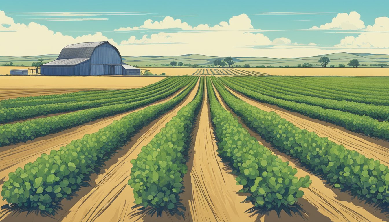 A vast, open field in Castro County, Texas, with rows of crops stretching into the distance, under a clear blue sky