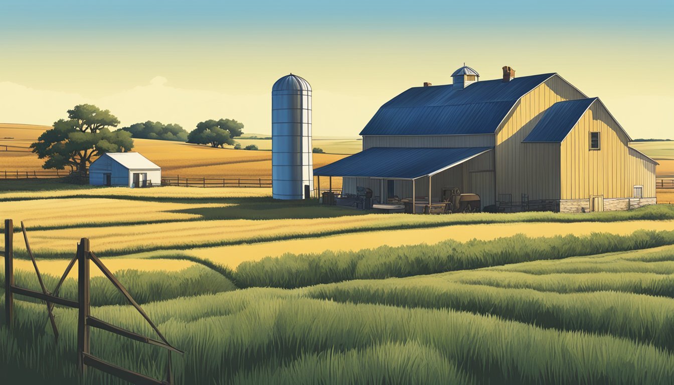 A rural landscape in Castro County, Texas with agricultural fields, livestock, and a farmhouse, under a clear blue sky