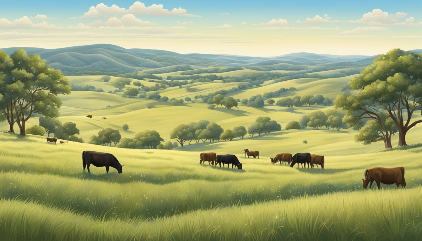 A sprawling landscape of rolling hills and open fields in Comal County, Texas, with a clear blue sky and the occasional grazing livestock