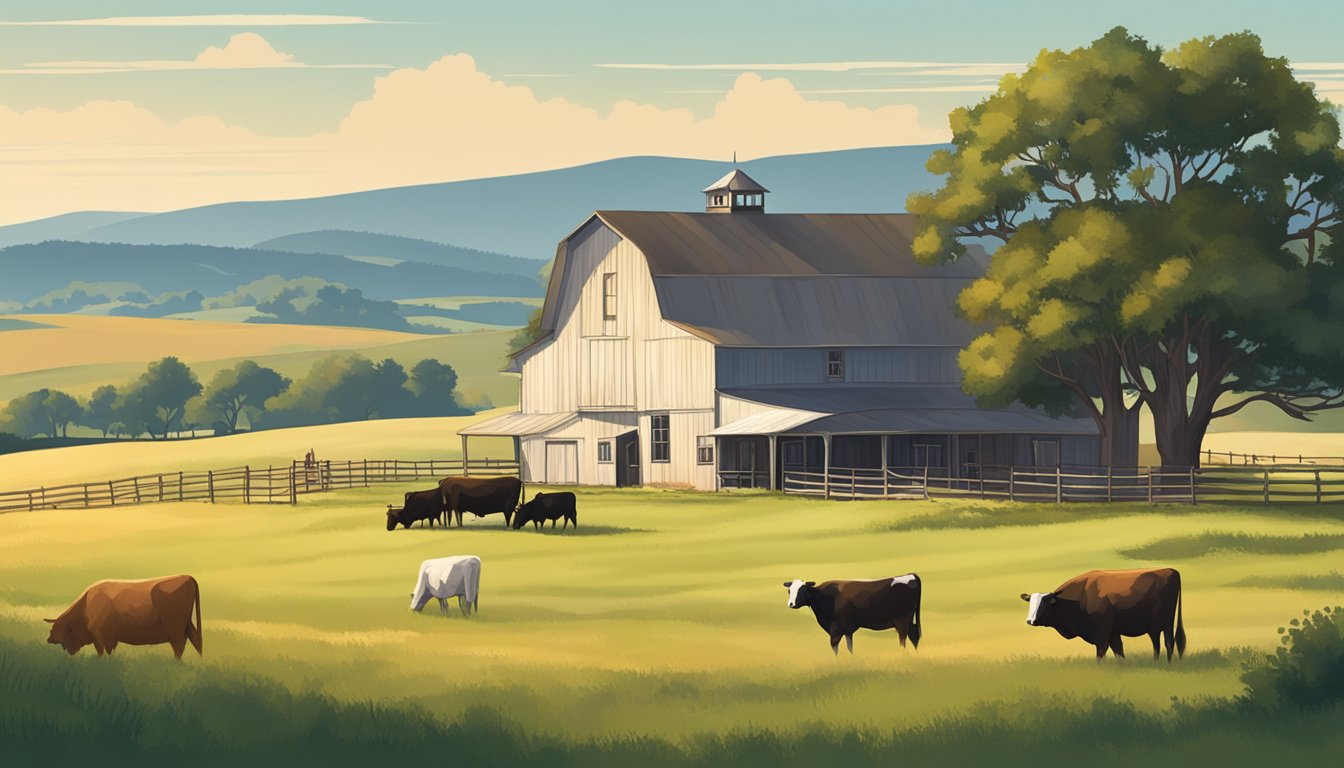 A rural landscape with a farmhouse, barn, and grazing cattle surrounded by rolling hills and open fields in Castro County, Texas