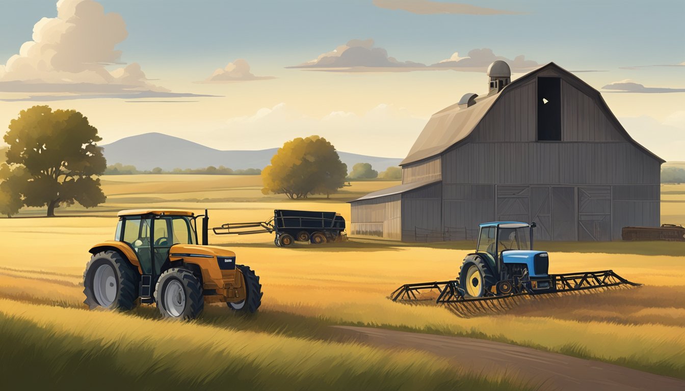 A sprawling rural landscape in Carson County, Texas, with wide open fields, a rustic barn, and a tractor surrounded by agricultural equipment