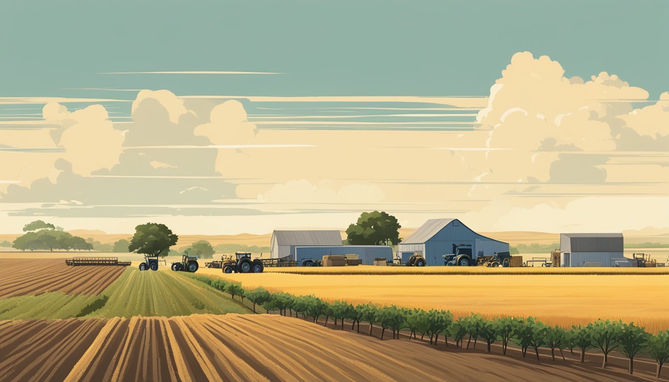 A vast expanse of farmland in Castro County, Texas, with farmers tending to crops, livestock grazing, and agricultural machinery in action