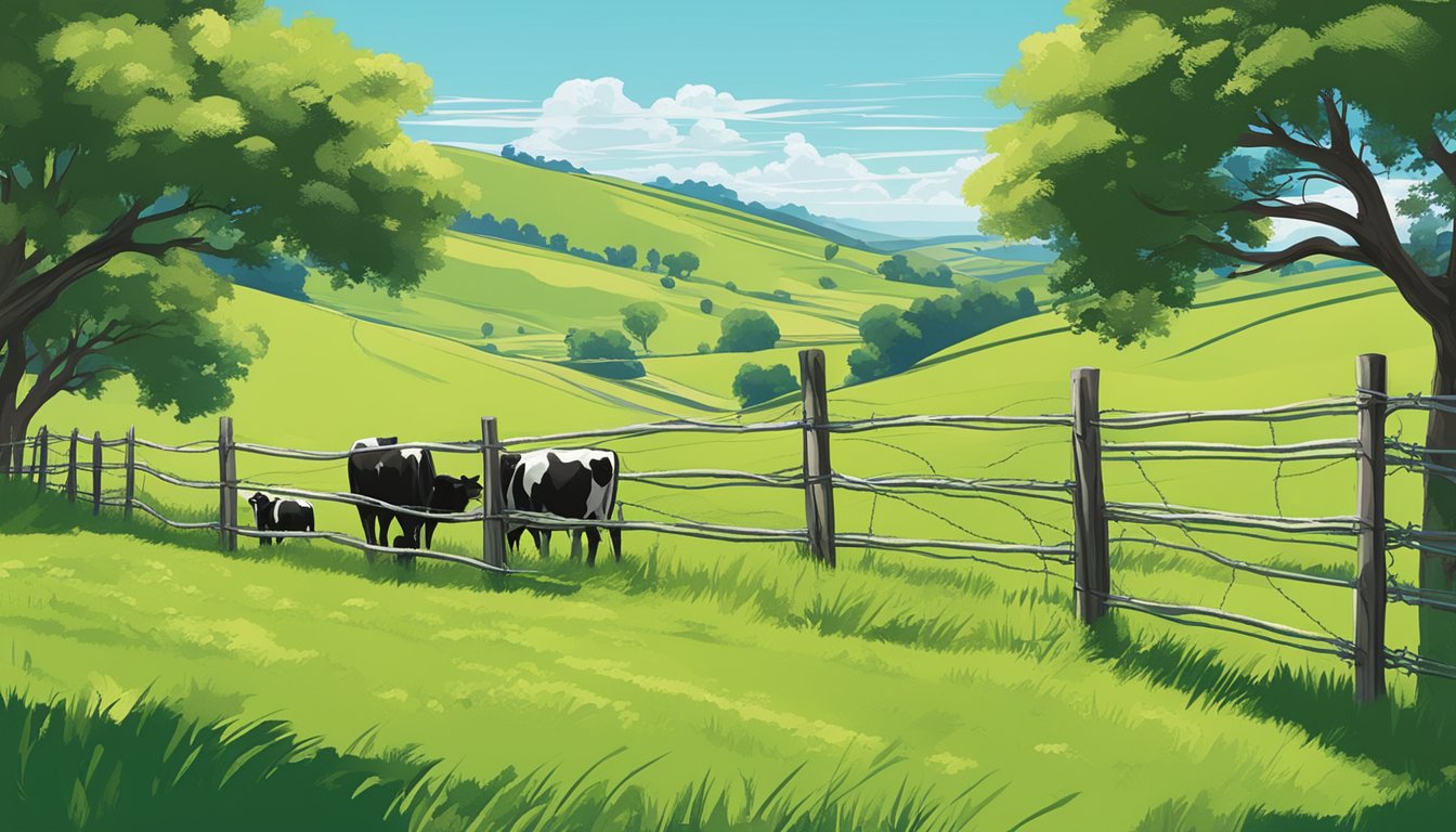 Rolling hills of green pasture dotted with grazing cattle, bordered by barbed wire fences and a clear blue sky overhead