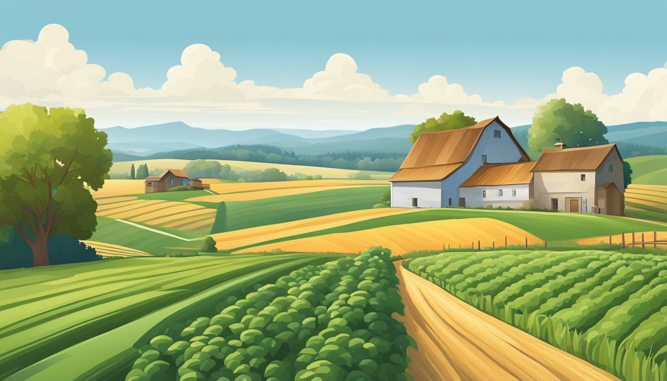 A rural landscape with a farmhouse, barn, and fields of crops under a clear blue sky