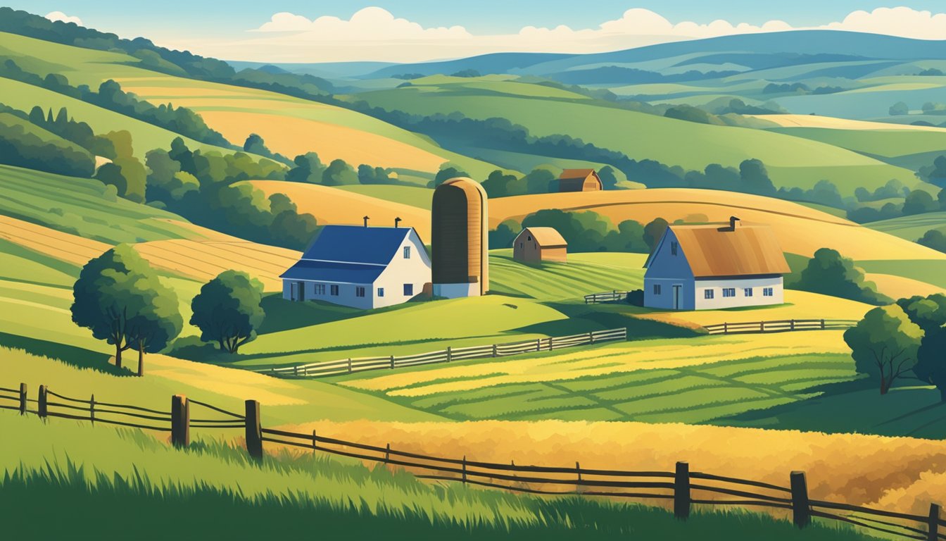 A rural landscape with a farmhouse, barn, and fields surrounded by rolling hills under a blue sky