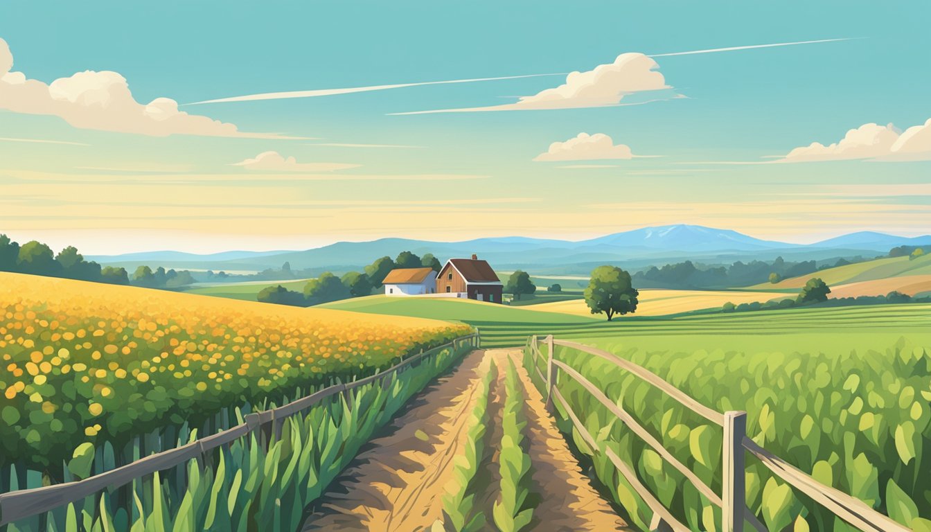 Rolling fields of crops under a clear blue sky, surrounded by a rustic fence and a small farmhouse in the distance