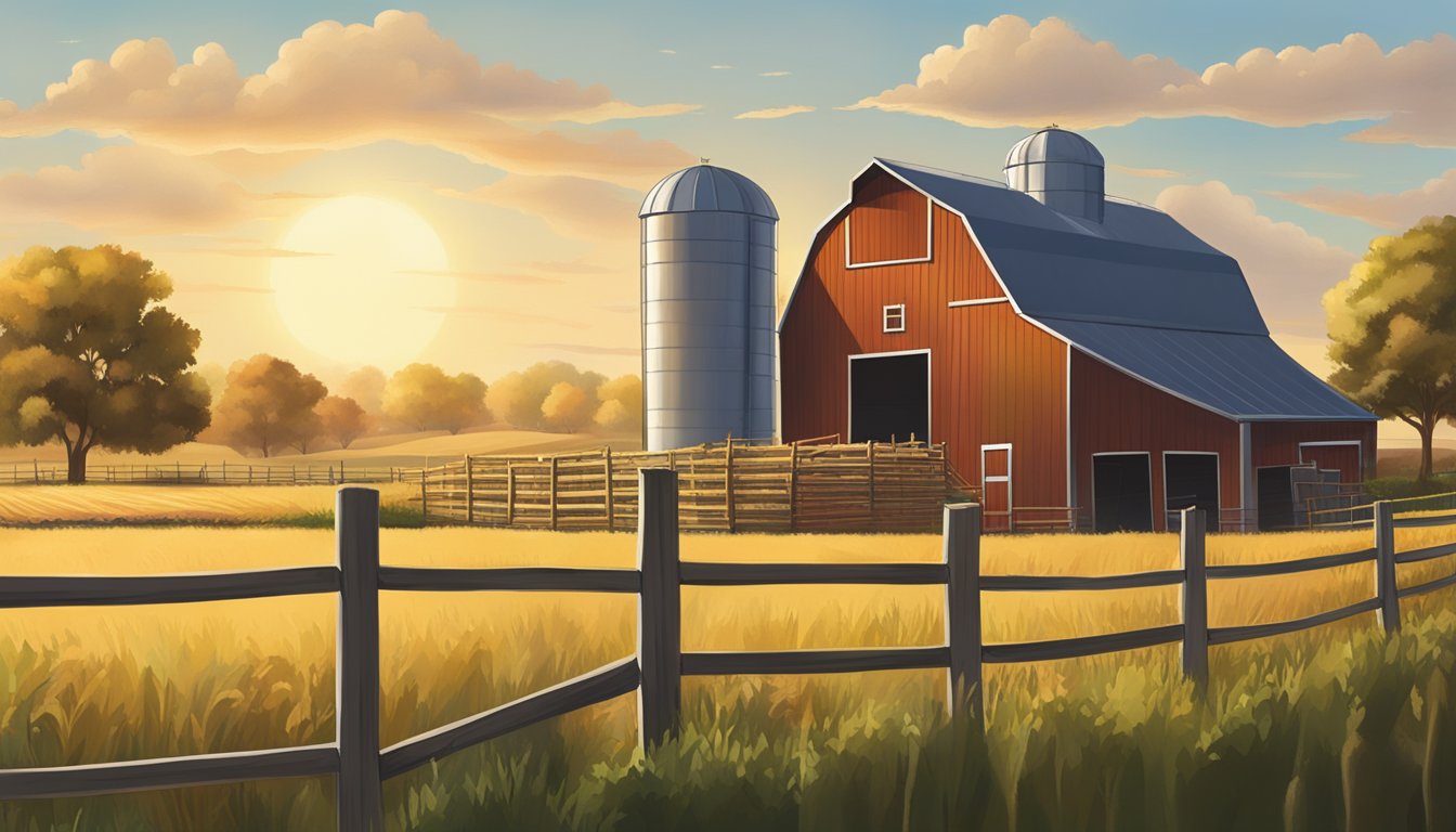 A rural farm in Collin County, Texas with a large barn and fields of crops, surrounded by a fence and under a clear, sunny sky