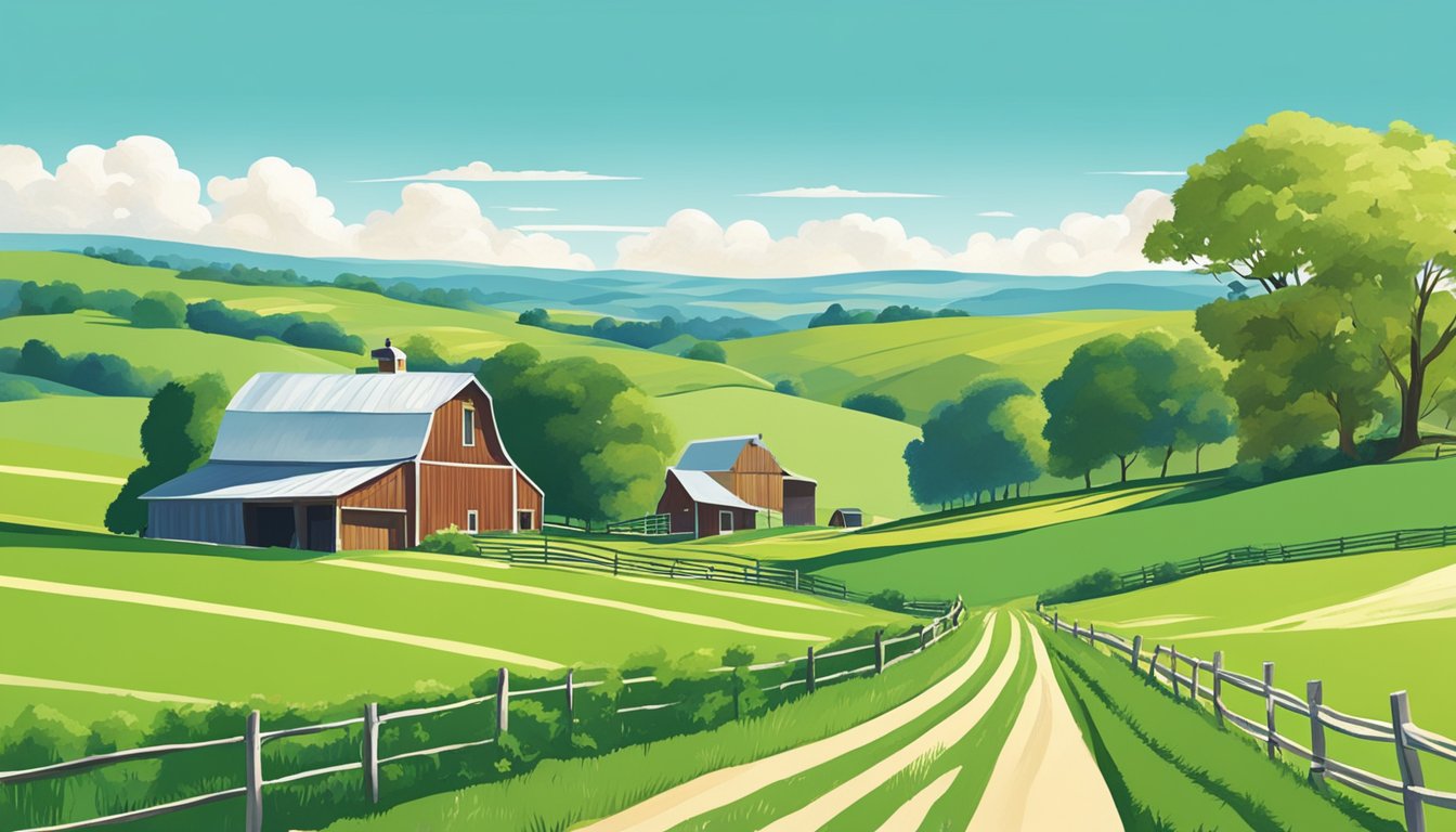 Rolling hills of green pastures under a bright blue sky, with a farmhouse and barn in the distance