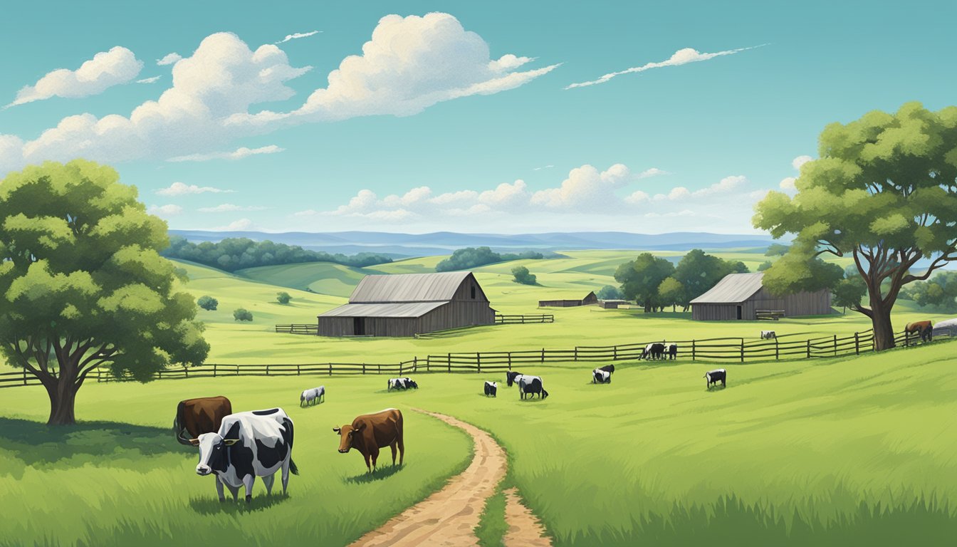 Rolling hills of green pastures with grazing cattle, a rustic barn in the distance, and a clear blue sky overhead in Camp County, Texas