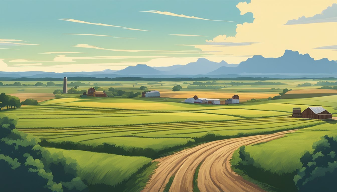 A vast Texas landscape with rolling fields of crops, a rustic farm with livestock, and a clear blue sky above