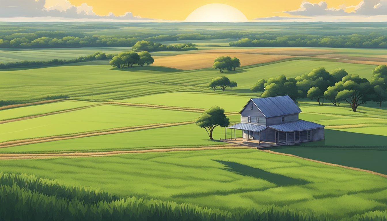 A vast open field in Camp County, Texas, with a lone farmhouse surrounded by acres of agricultural land, showcasing the rights and obligations of landowners for ag exemption