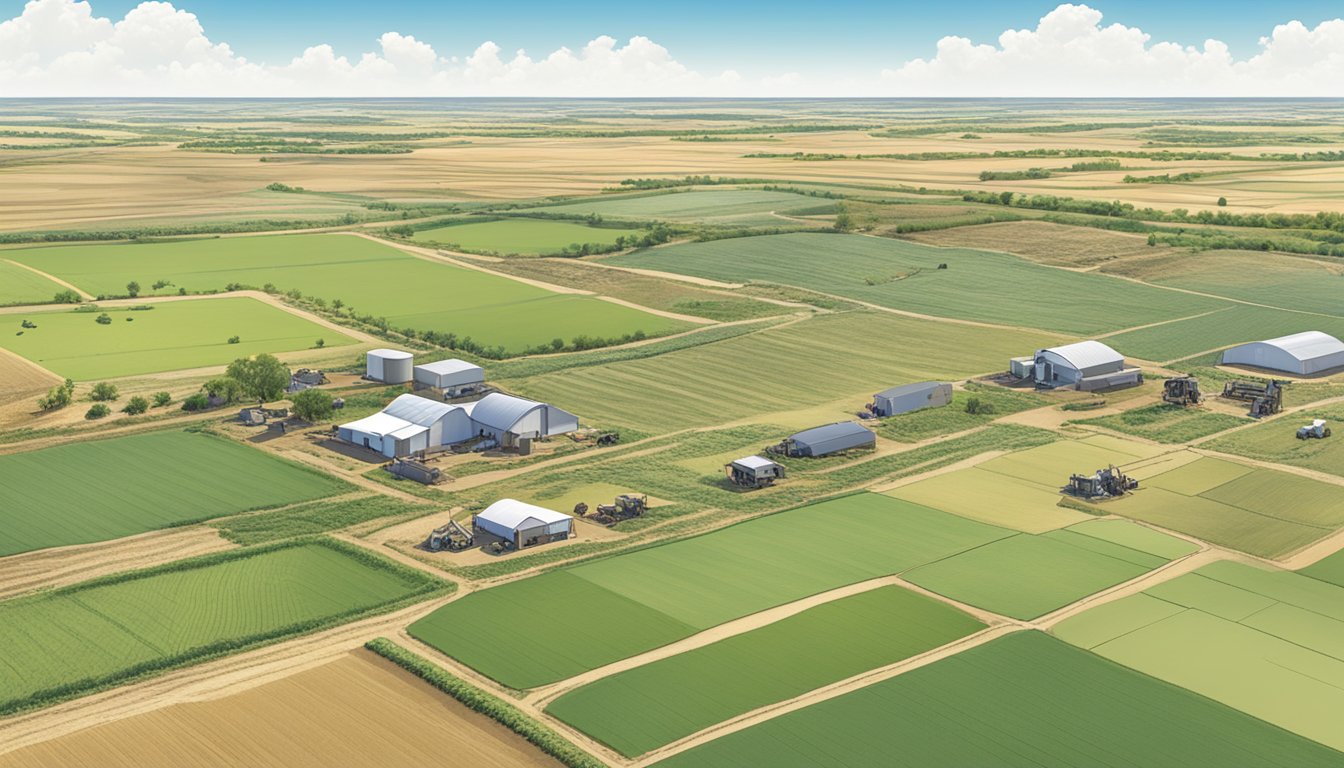 A sprawling agricultural landscape in Cochran County, Texas, with fields, livestock, and farm equipment, all under a clear blue sky