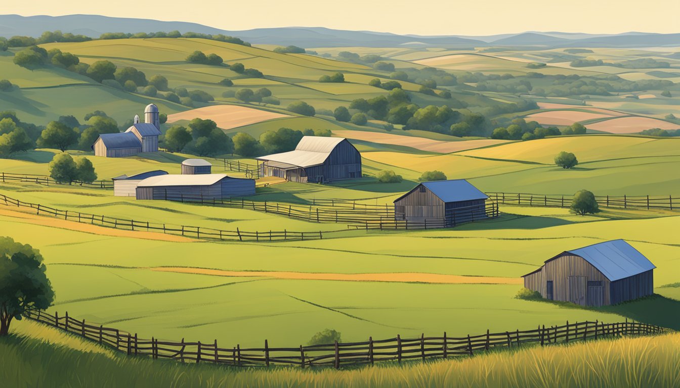 A vast rural landscape in Burnet County, Texas, with rolling hills, open fields, and scattered farm buildings, all surrounded by a fence