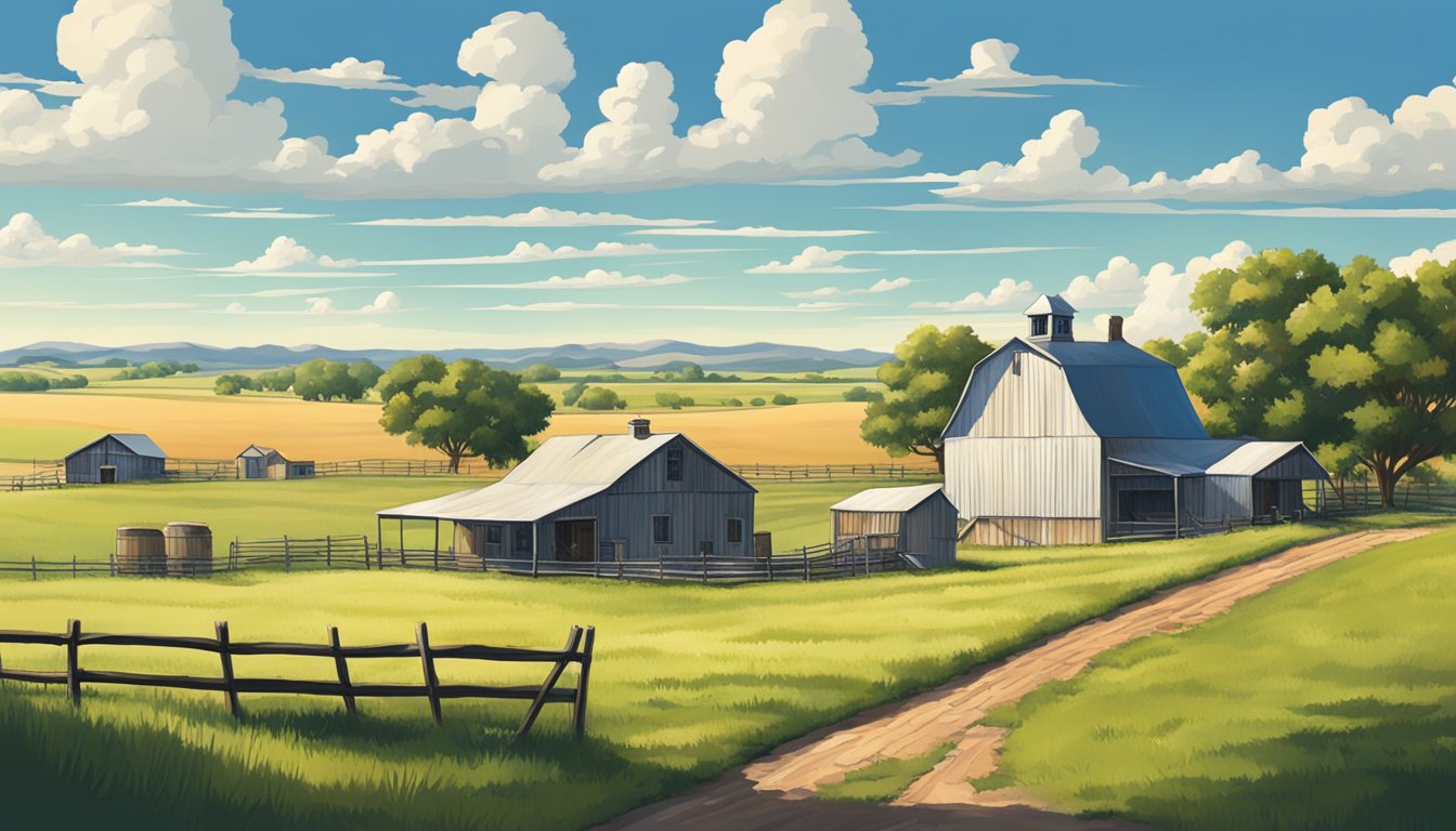 A rural landscape in Burnet County, Texas with a farmhouse, fields of crops, and grazing livestock, all under a clear blue sky