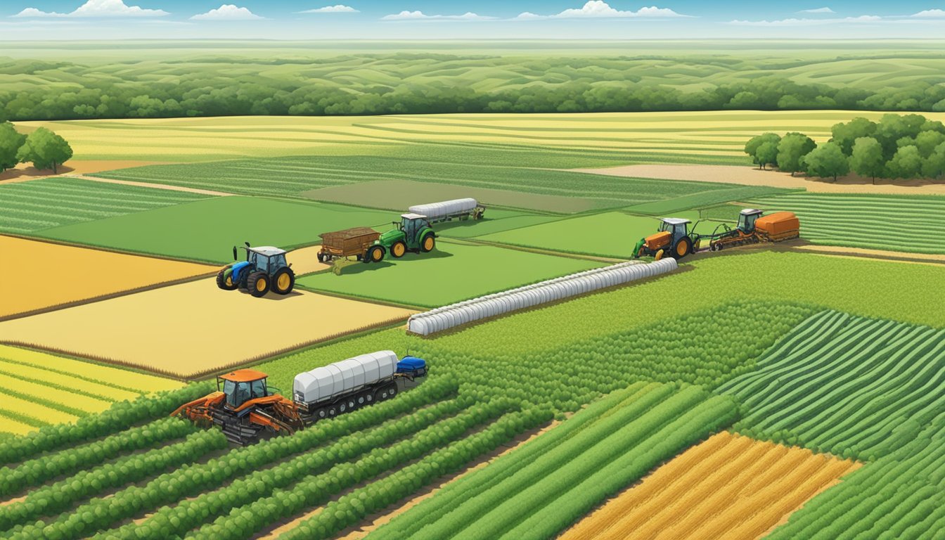 Rolling farmland with rows of crops, grazing livestock, and farm equipment in Cochran County, Texas