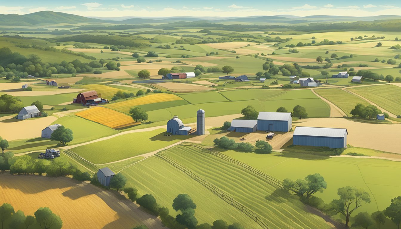 A sprawling rural landscape in Burnet County, Texas, featuring agricultural fields, livestock, and farm equipment under a sunny sky