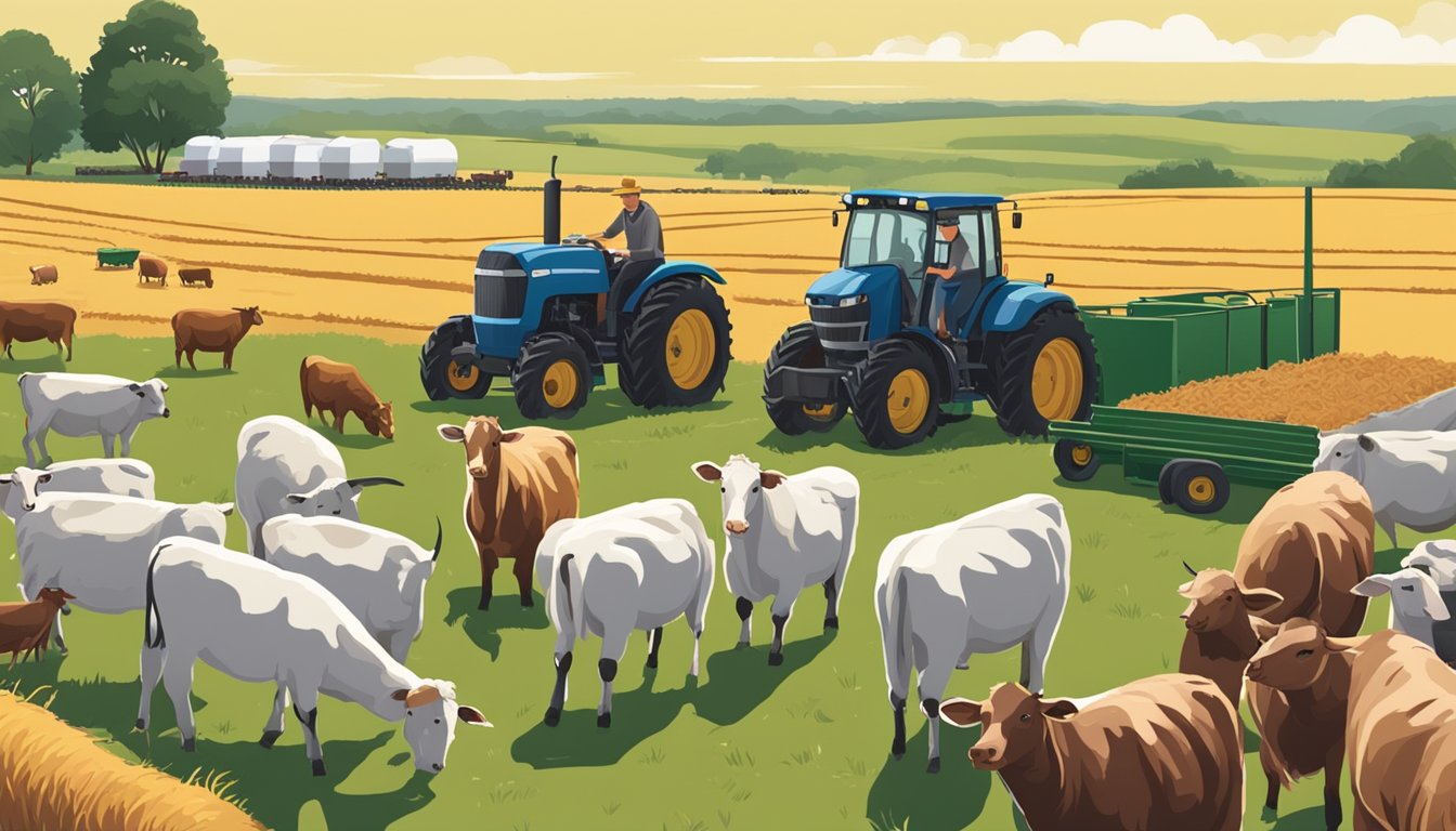 A farmer filling out forms while standing in a field, surrounded by livestock and farm equipment