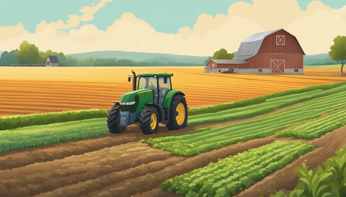 A wide open field with rows of crops, a barn in the background, and a tractor parked nearby