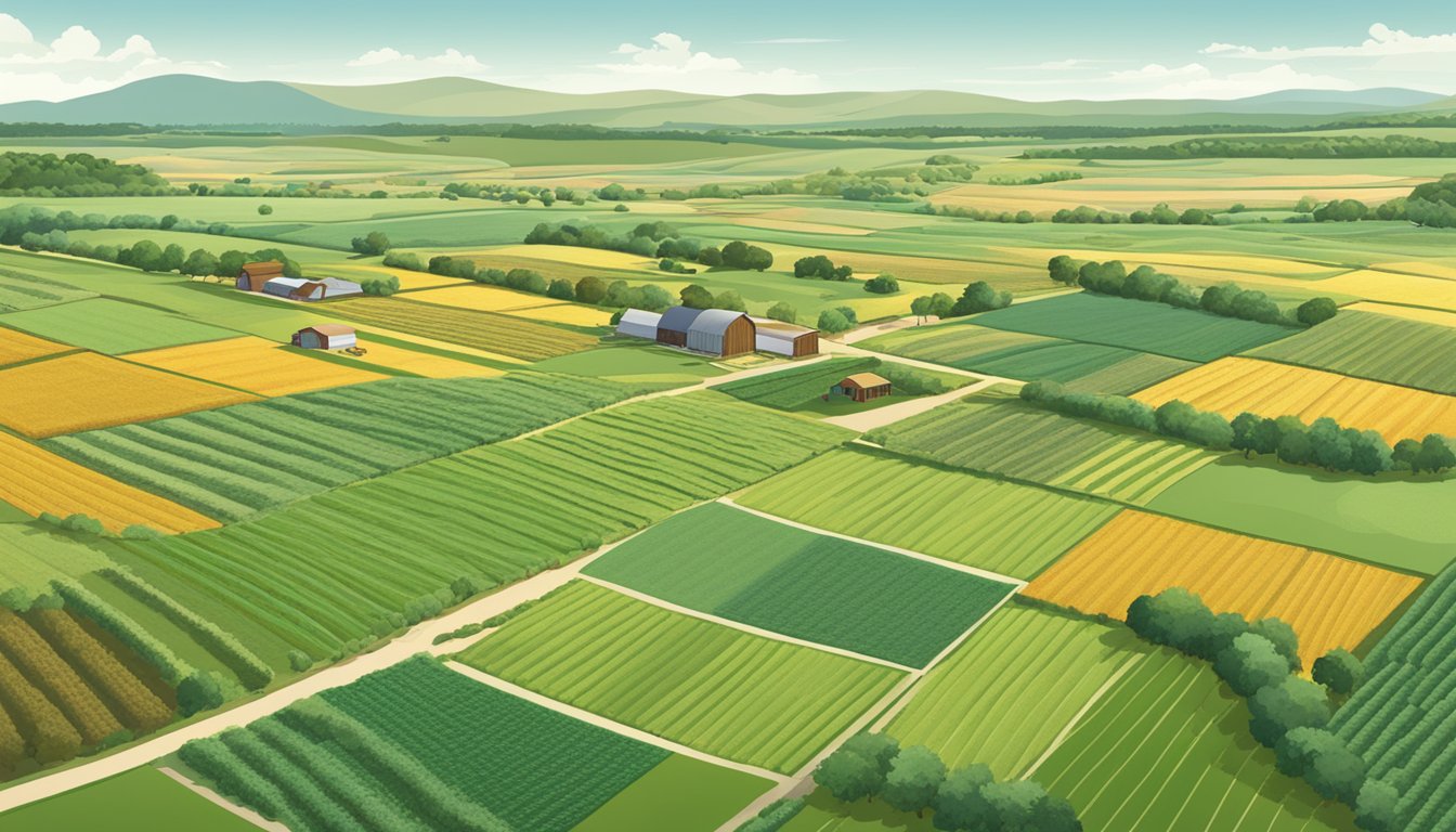 A sprawling landscape of farmland in Burnet County, Texas, with rows of crops and livestock grazing, showcasing the economic impact and agricultural productivity of the region