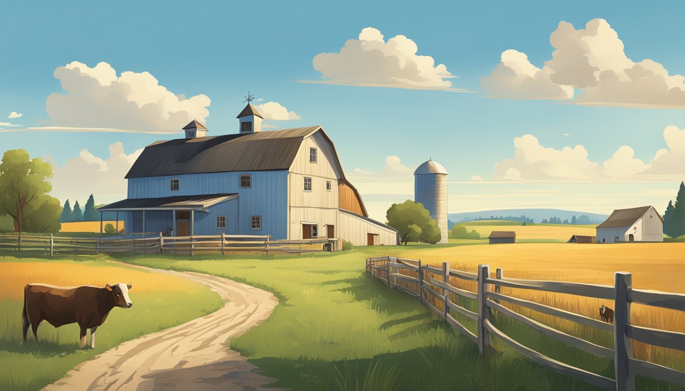 A rural landscape with a farmhouse, barn, and open fields, surrounded by fences and livestock, under a clear blue sky