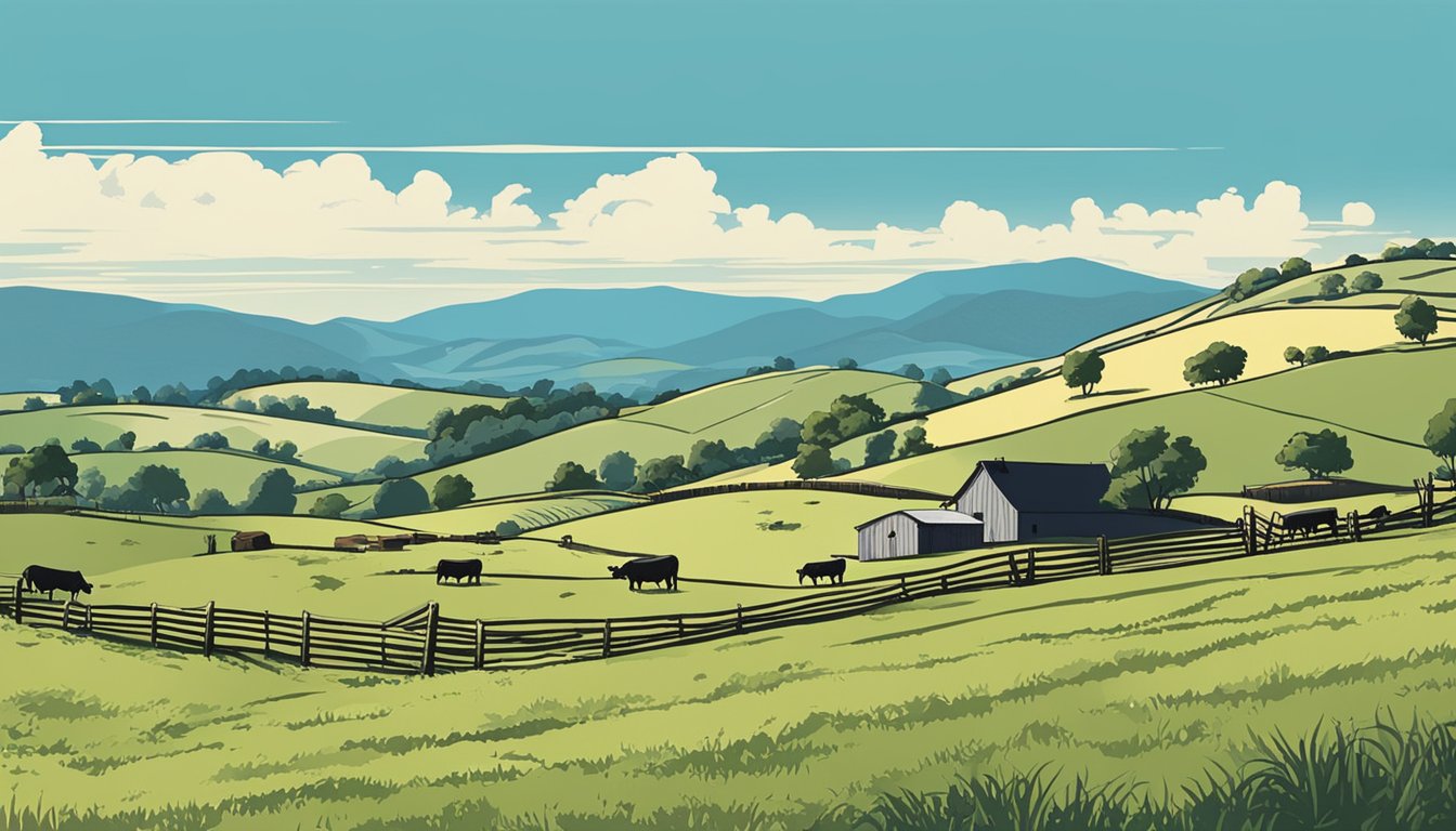 Rolling hills dotted with grazing cattle under a clear blue sky, bordered by rustic fences and a distant farmhouse