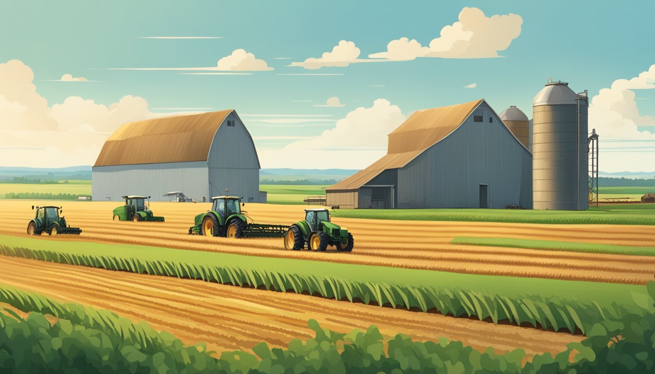 Rolling fields of crops and grazing land spread out under a wide open sky, with a few scattered farm buildings and equipment in the distance