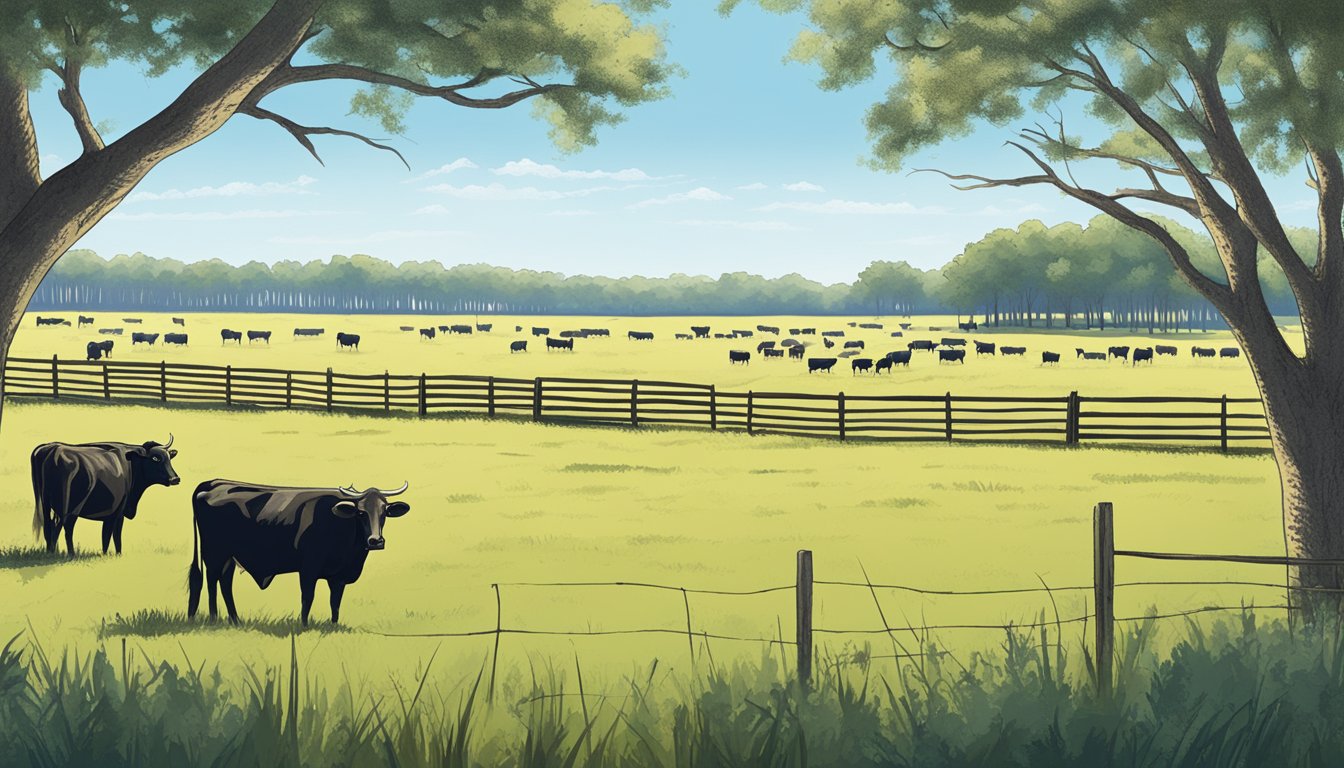 A vast, open field in Calhoun County, Texas, dotted with grazing cattle and bordered by a rustic fence, under a clear blue sky