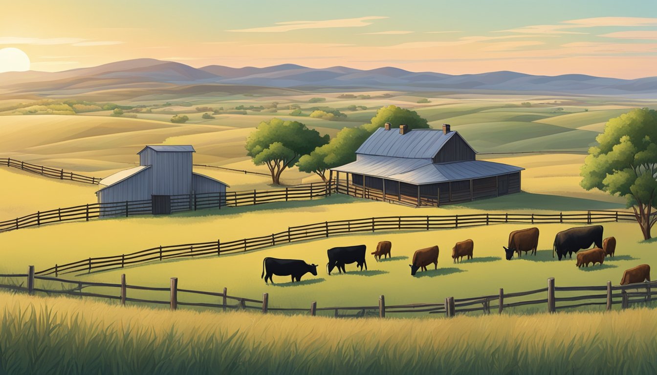 Rolling hills of farmland in Cochran County, Texas, with grazing cattle and a rustic farmhouse, surrounded by a fence denoting property lines