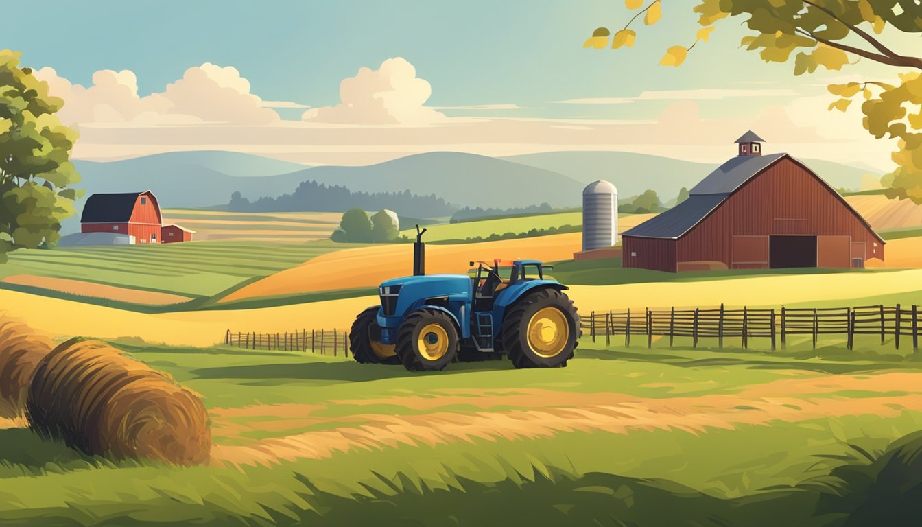 A rural landscape with a farmhouse, barn, and open fields. A tractor and farming equipment are visible, along with a clear sky and sunlight