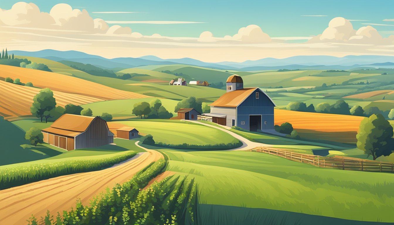 A rural landscape with a farmhouse, barn, and fields of crops or livestock, surrounded by rolling hills and a clear blue sky