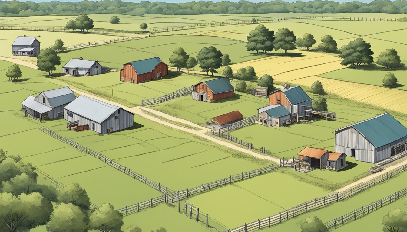 A rural landscape in Calhoun County, Texas, with fields, livestock, and a farmhouse, surrounded by a fence and marked with agricultural exemption signs