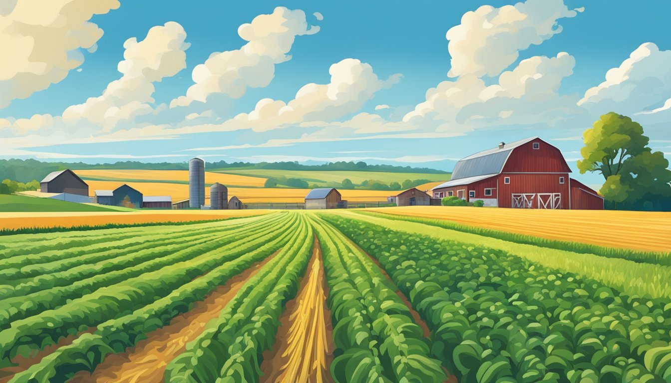 Rolling fields of crops under a bright blue sky, with a farmhouse and barn in the distance