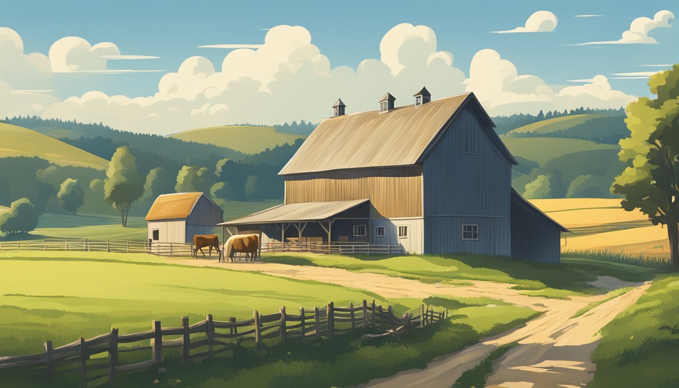 A rural landscape with a farmhouse, barn, and grazing livestock under a clear blue sky