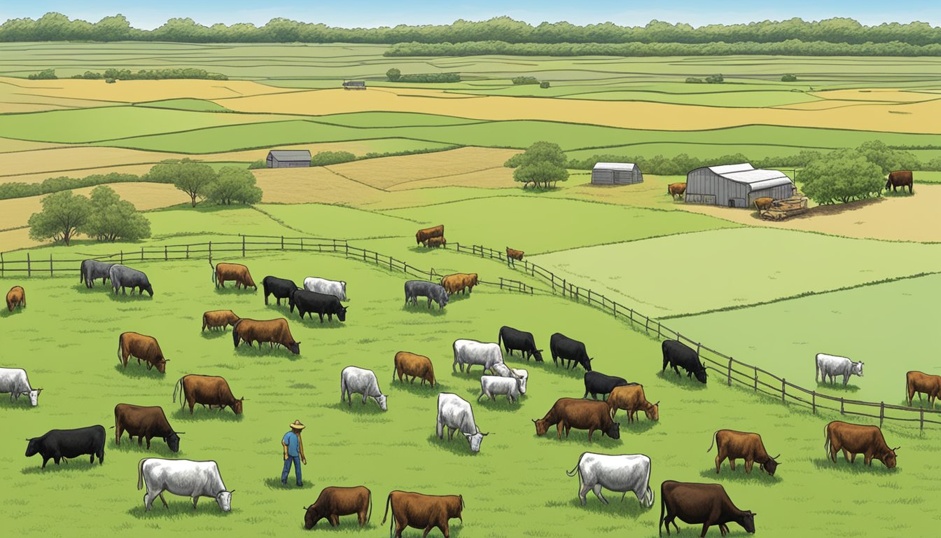 A vast field in Brooks County, Texas, with cattle grazing and a farmer filling out paperwork for agricultural exemption