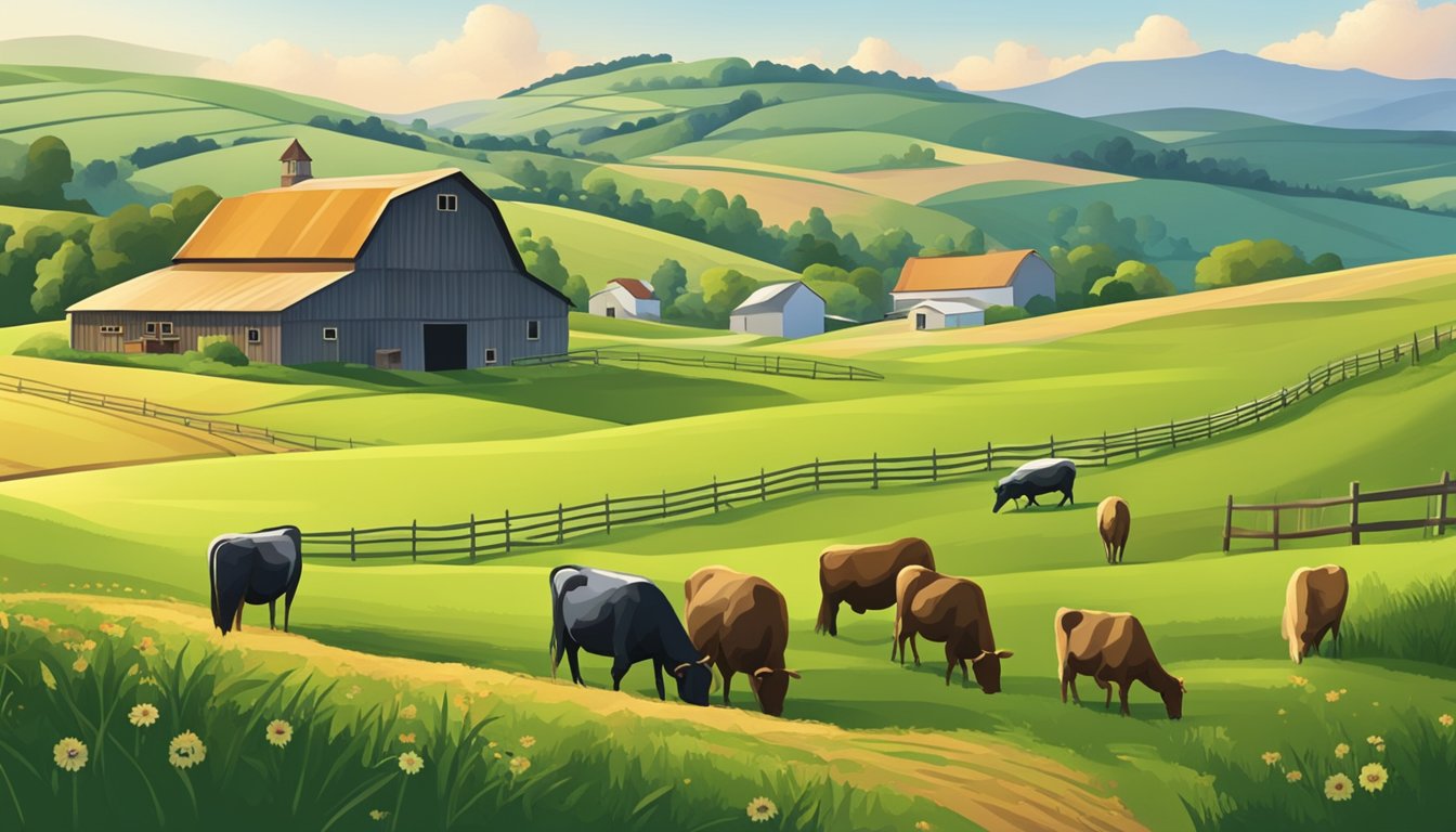 A rural landscape with rolling hills, green pastures, and grazing livestock. A farmhouse and barn are nestled among the fields