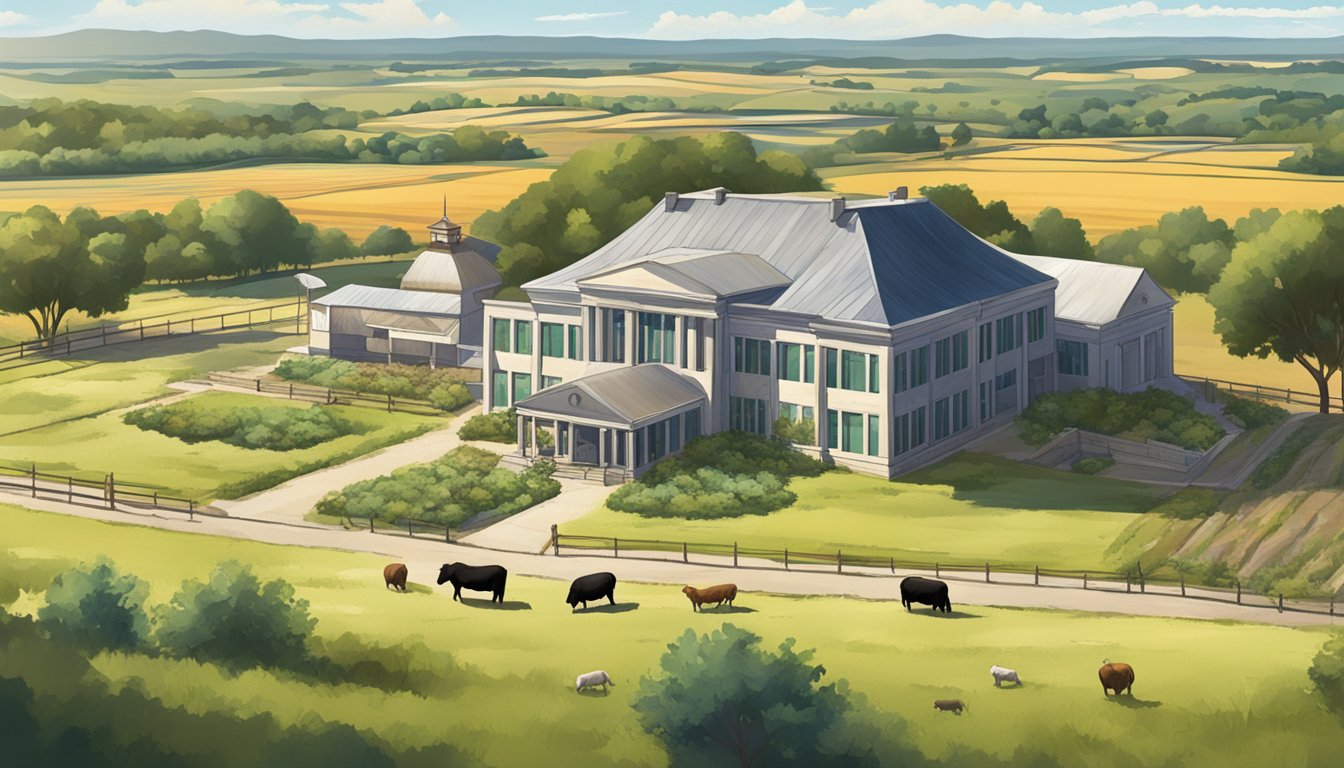 A rural landscape with a county appraisal office building, farmland, and livestock grazing under the Texas sun