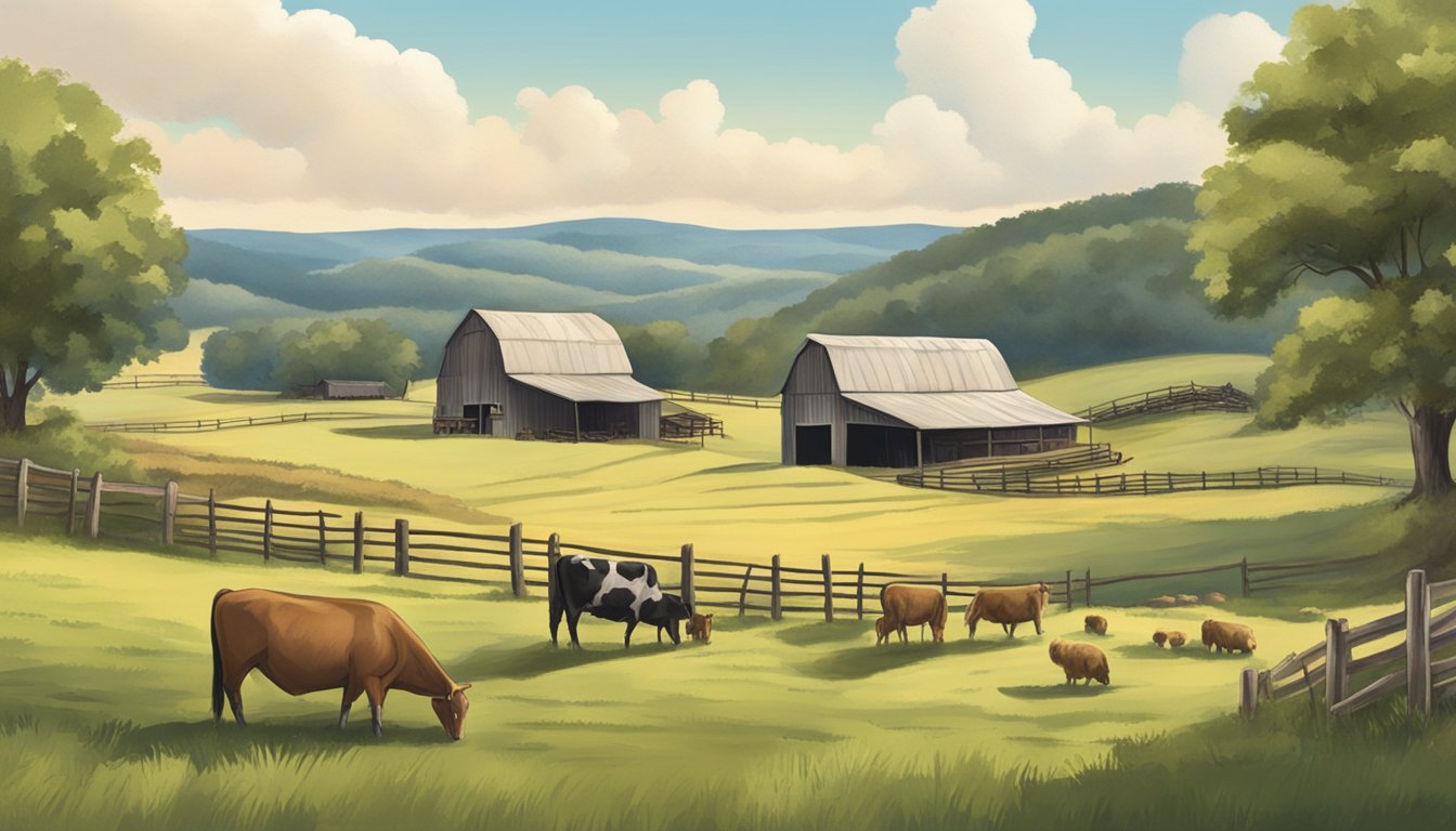 A farm scene with a rustic barn, rolling hills, and grazing livestock in Cherokee County, Texas