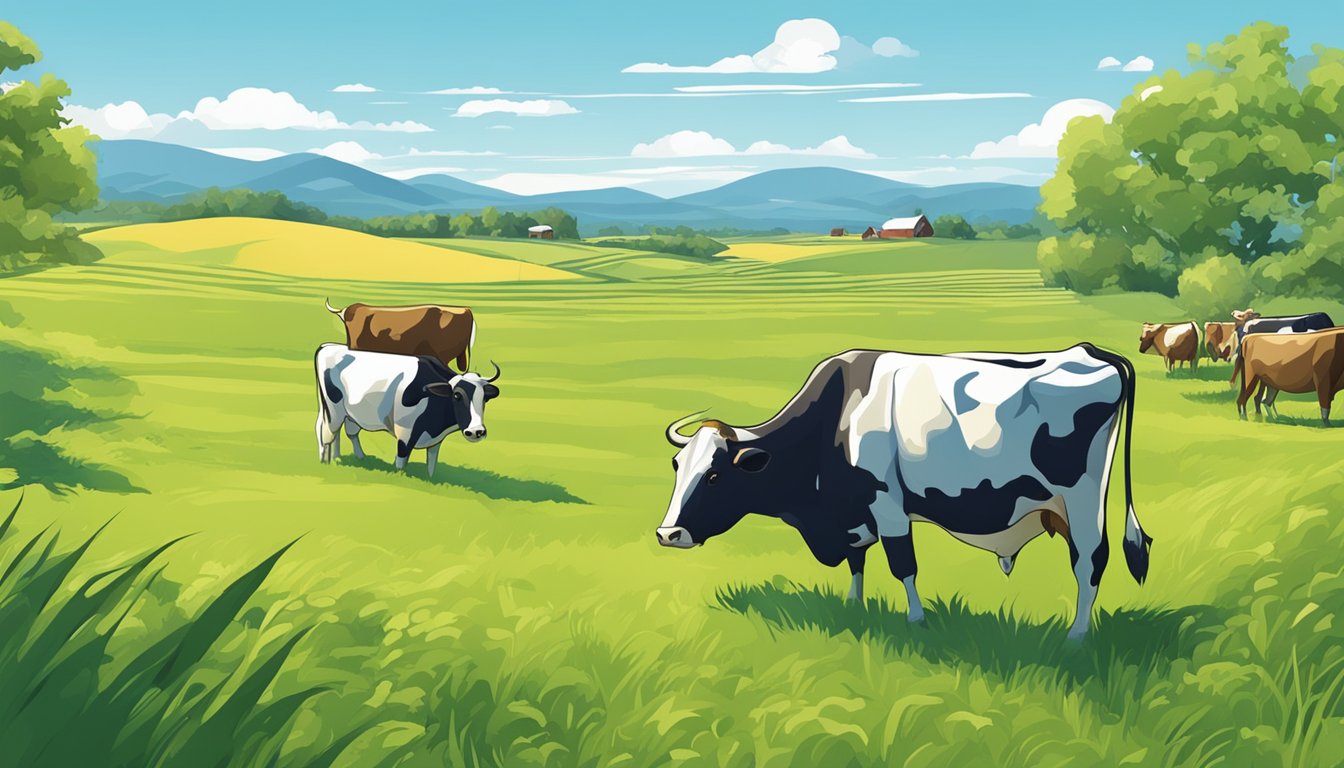 Rolling farmland with grazing cattle under a clear blue sky