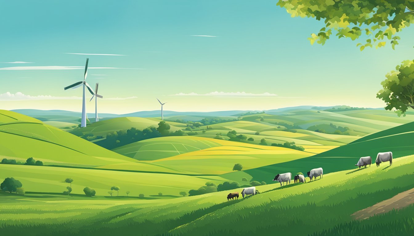 Rolling hills of green pastures dotted with grazing cattle, bordered by neat rows of crops. A windmill turns lazily in the distance, under a clear blue sky