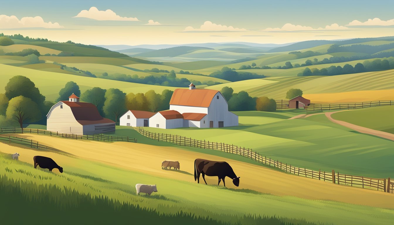 A rural landscape with a farmhouse, barn, and fields, surrounded by rolling hills and grazing livestock