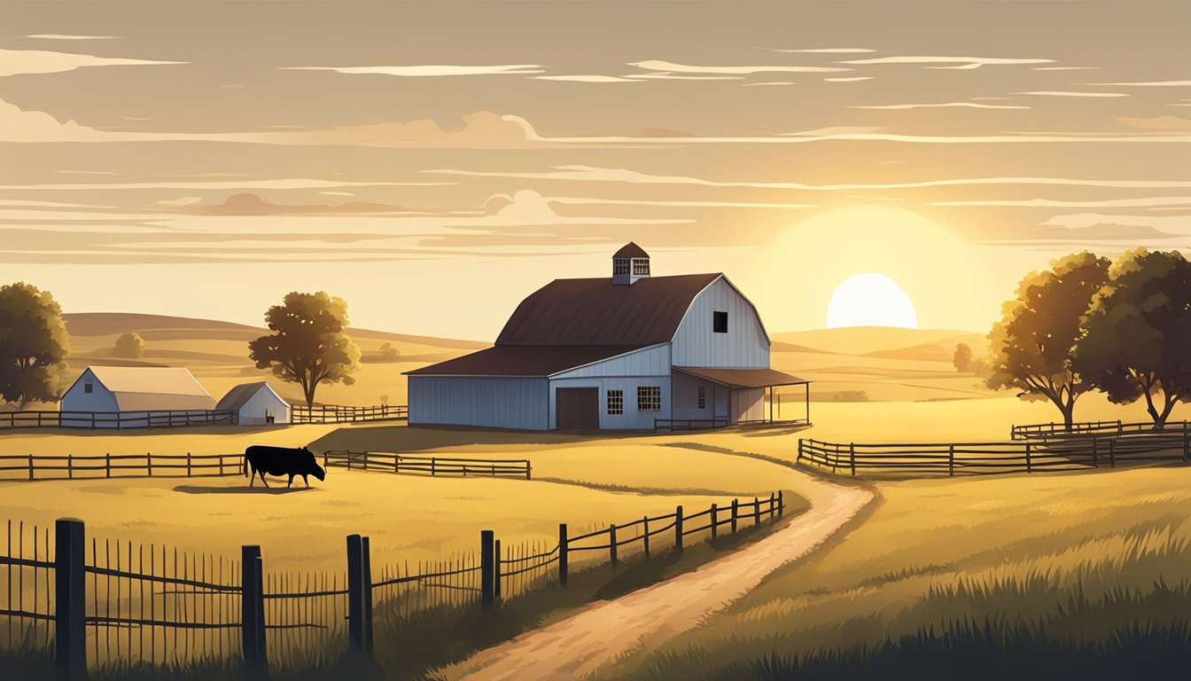 A rural landscape with a farmhouse, barn, and grazing livestock, surrounded by fields and fences, under the Texan sun