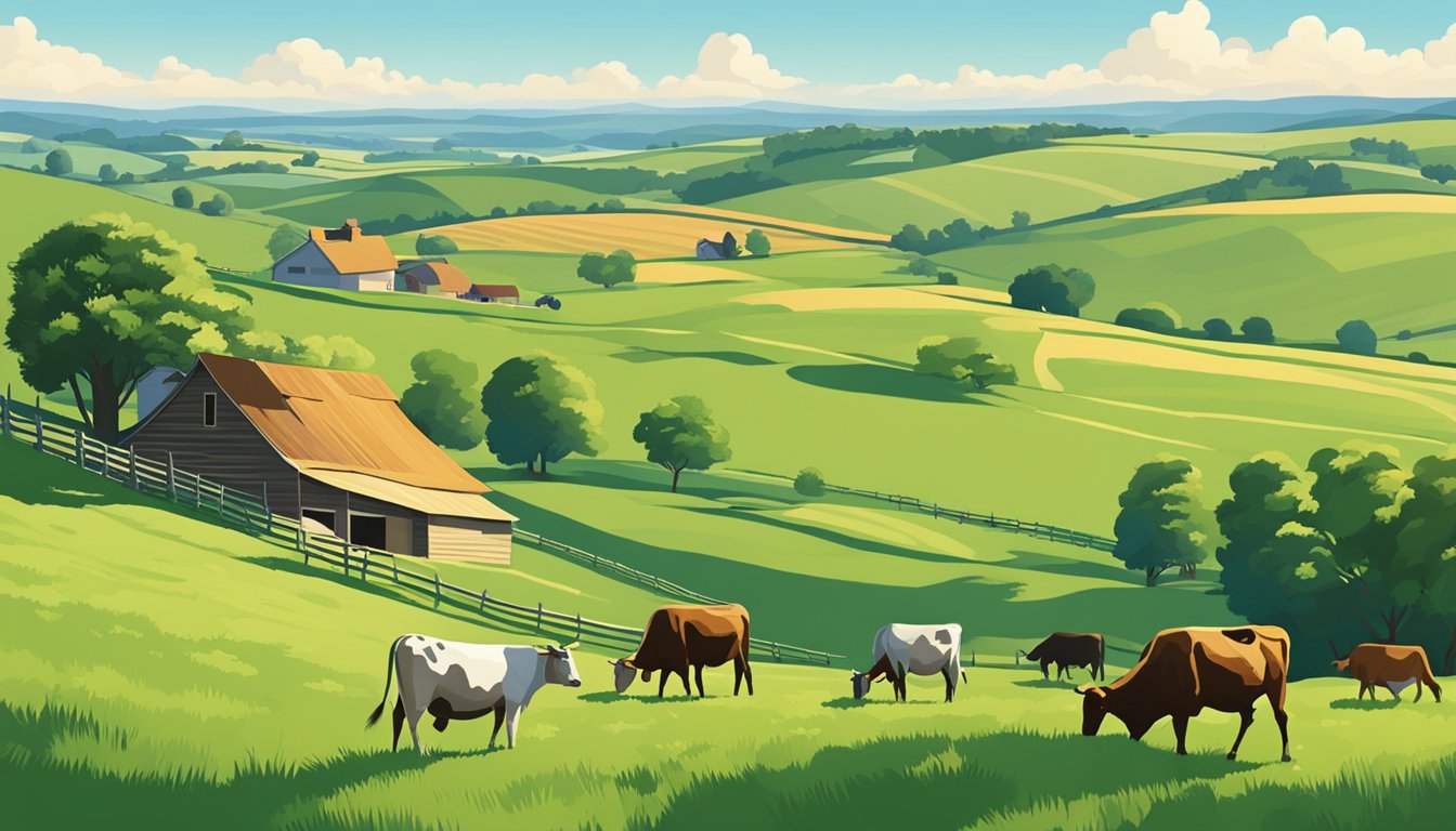 Rolling hills of green pastures dotted with grazing cattle under a clear blue sky. A farmhouse and barn sit in the distance, surrounded by fields and trees