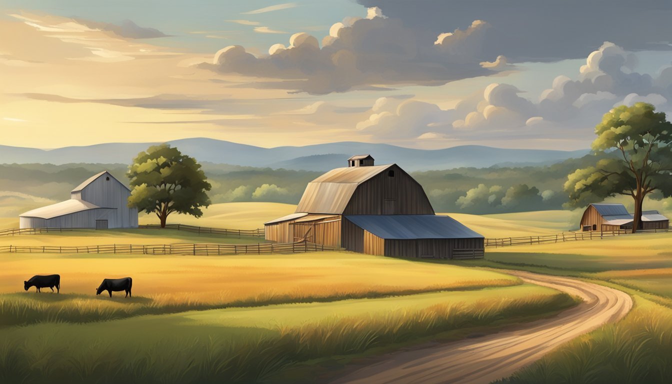 A rural landscape in Burleson County, Texas, with rolling fields of crops and grazing livestock, accompanied by a farmhouse and barn