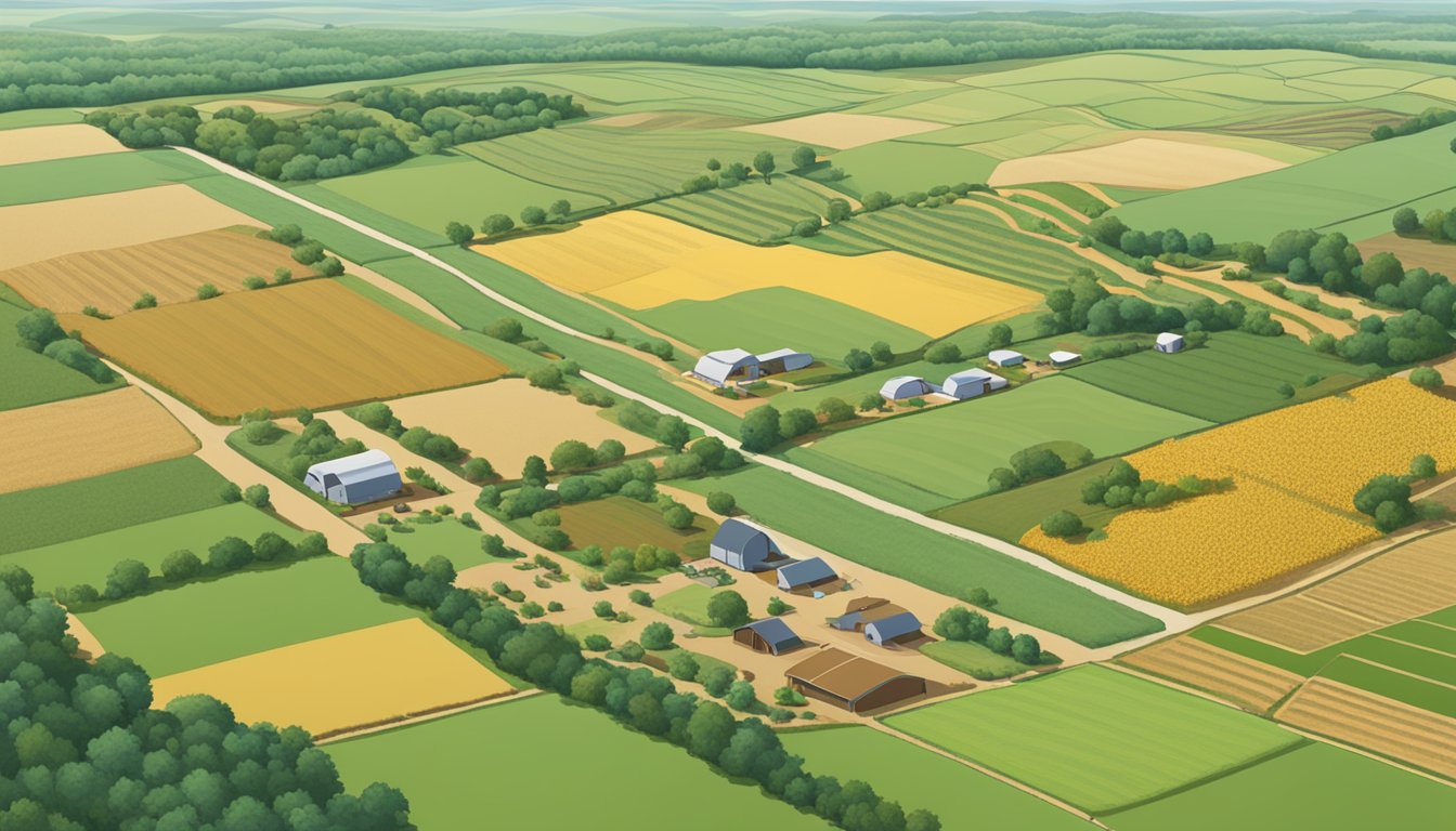 A sprawling agricultural landscape in Brazos County, Texas, with fields of crops, grazing livestock, and farm equipment