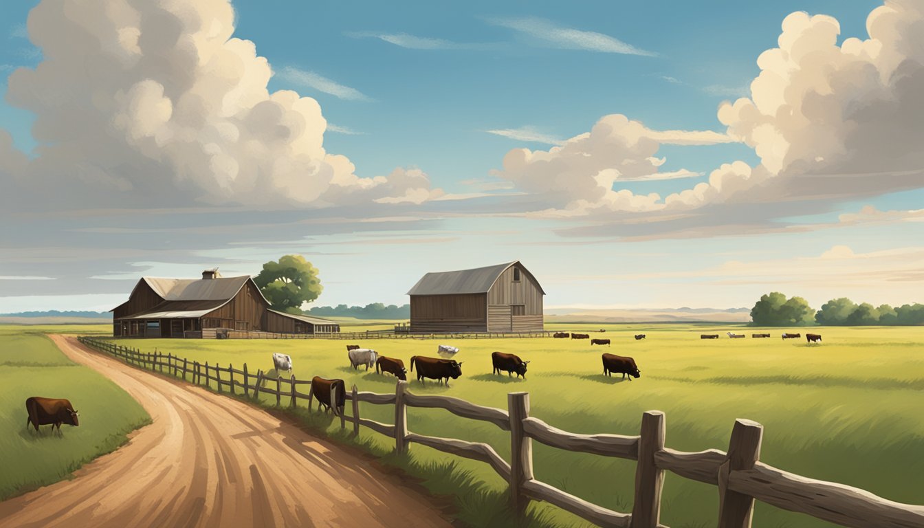 Rolling farmland with cattle grazing, bordered by a rustic fence. A farmhouse and barn sit in the distance under a big Texas sky