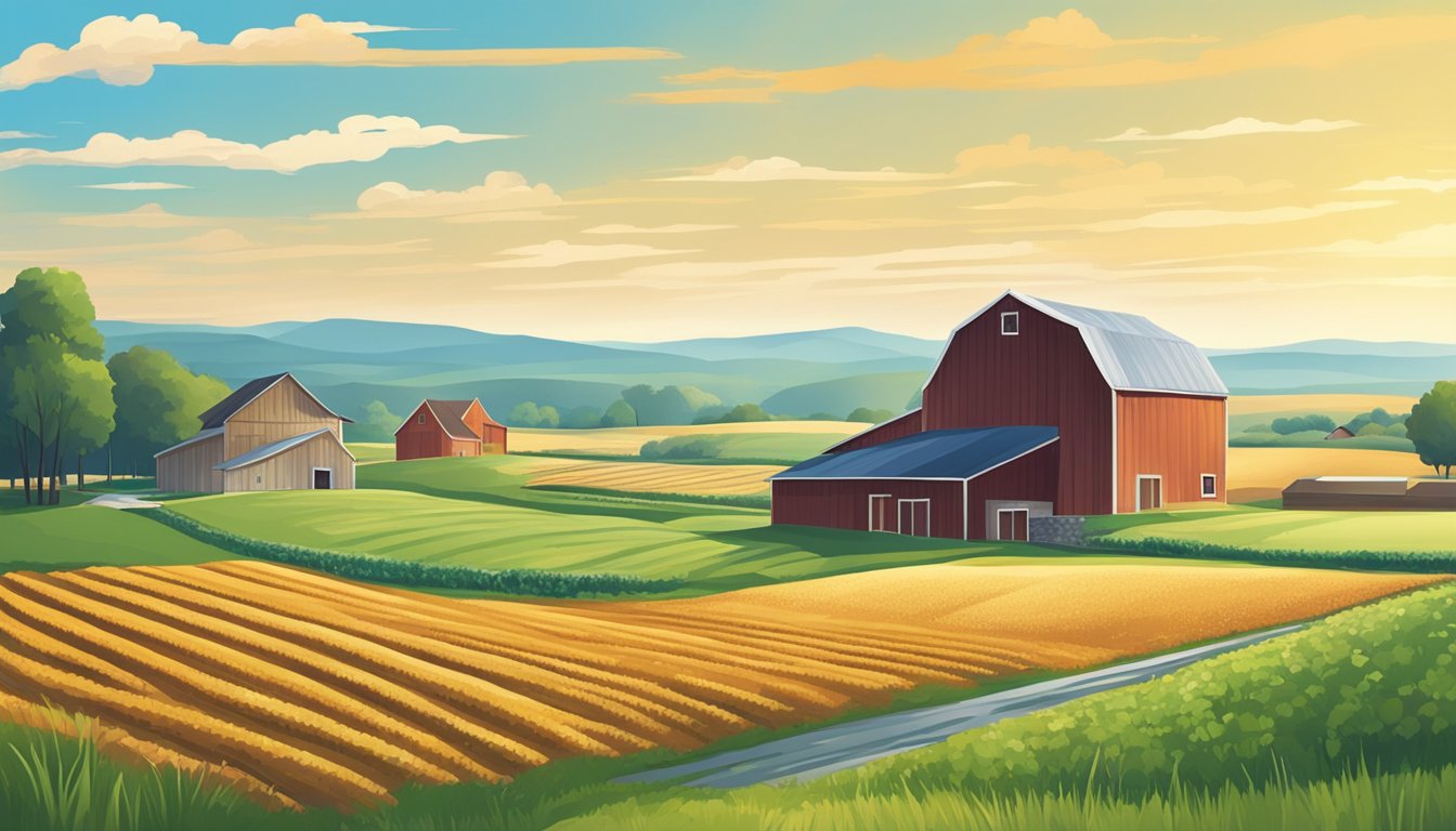 A rural landscape with a farmhouse, barn, and fields of crops under a clear blue sky