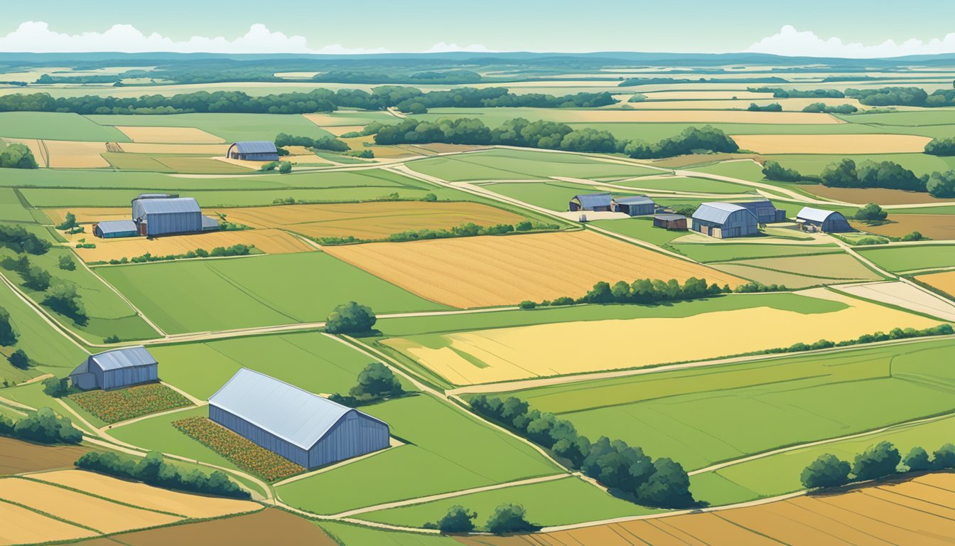 A sprawling agricultural landscape in Brazos County, Texas, featuring fields of crops, grazing livestock, and farm buildings under a clear blue sky