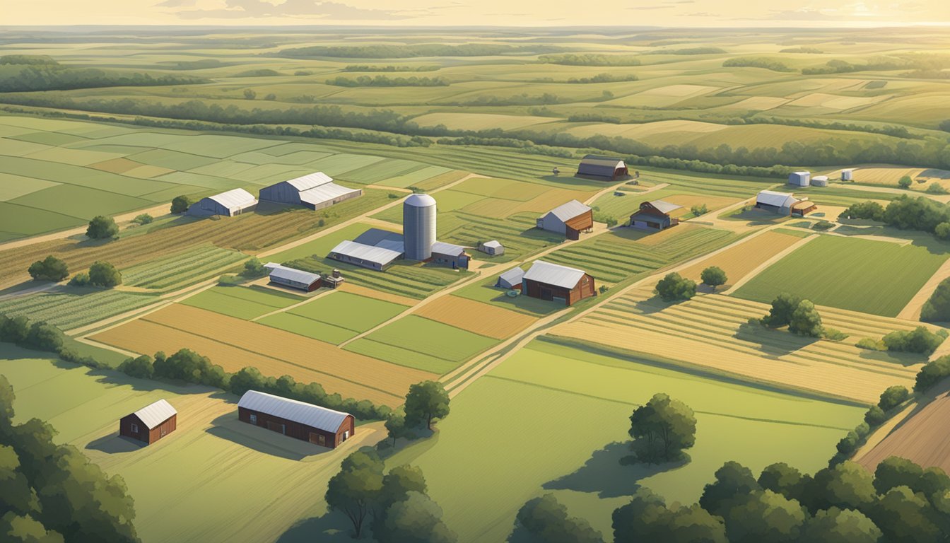 A sprawling farm in Cass County, Texas showcases various agricultural productions, including fields of crops, livestock grazing, and farm equipment in the distance